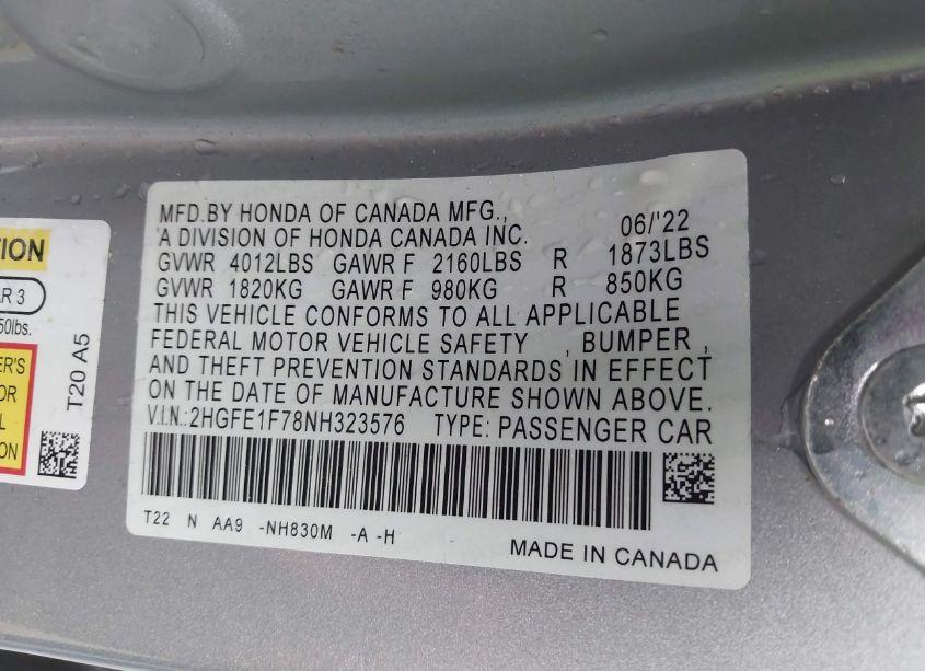 Photo 9 of 2022 Honda Civic EX (VIN 2HGFE1F78NH323576)