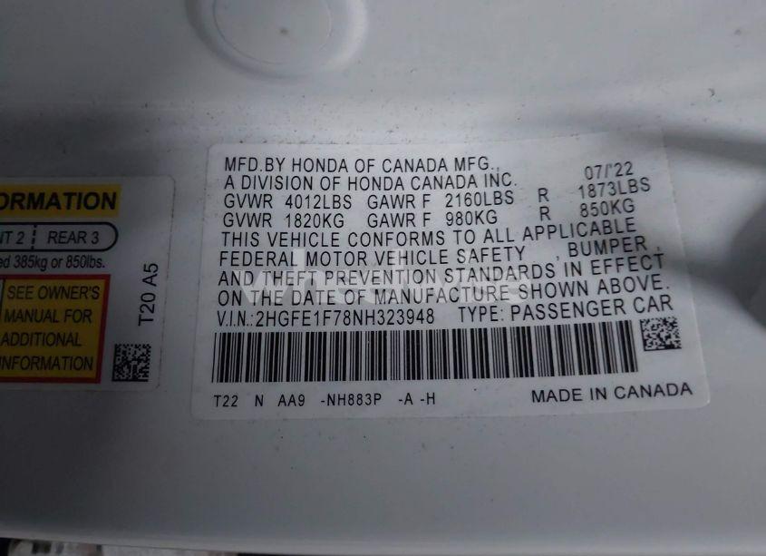 Photo 9 of 2022 Honda Civic EX (VIN 2HGFE1F78NH323948)