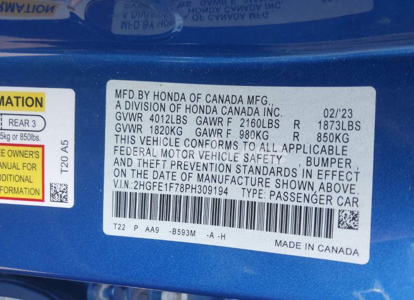 Photo 9 of 2023 Honda Civic EX /EX W/O BSI (VIN 2HGFE1F78PH309194)