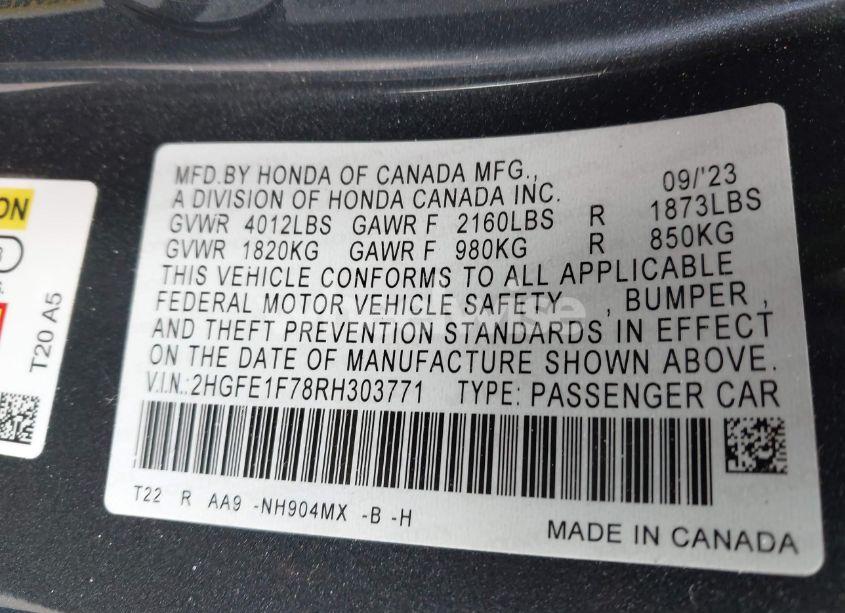 Photo 9 of 2024 Honda Civic EX (VIN 2HGFE1F78RH303771)