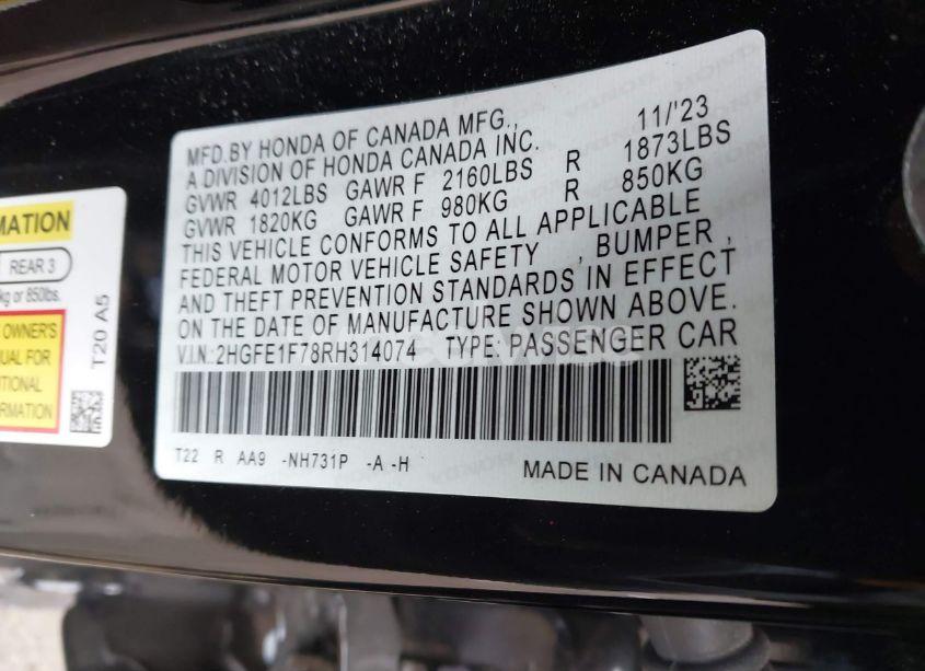 Photo 9 of 2024 Honda Civic EX (VIN 2HGFE1F78RH314074)