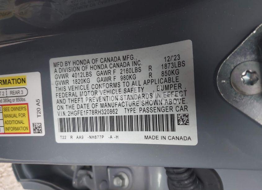 Photo 9 of 2024 Honda Civic EX (VIN 2HGFE1F78RH320862)