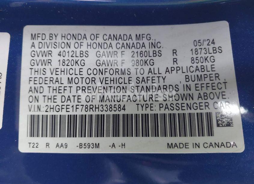 Photo 9 of 2024 Honda Civic EX (VIN 2HGFE1F78RH338584)