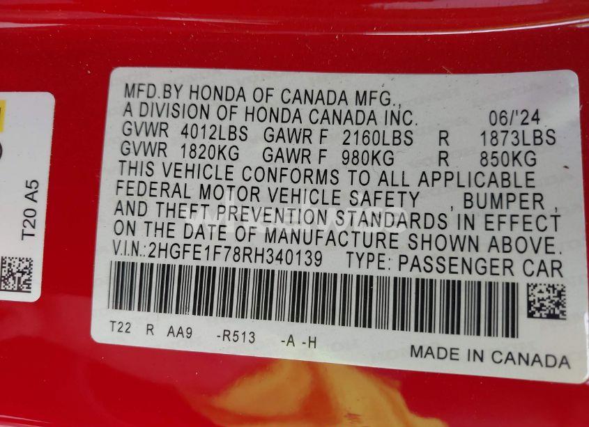 Photo 9 of 2024 Honda Civic EX (VIN 2HGFE1F78RH340139)