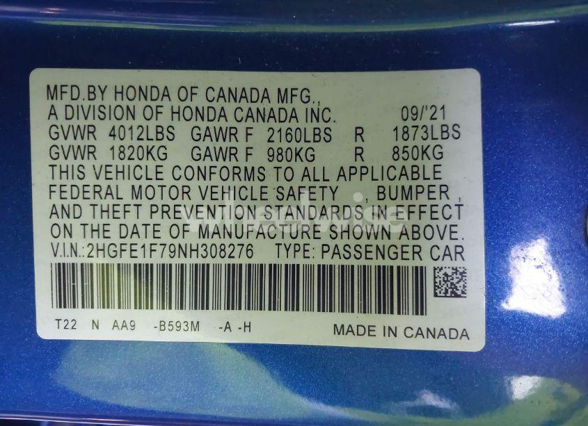 Photo 9 of 2022 Honda Civic EX (VIN 2HGFE1F79NH308276)