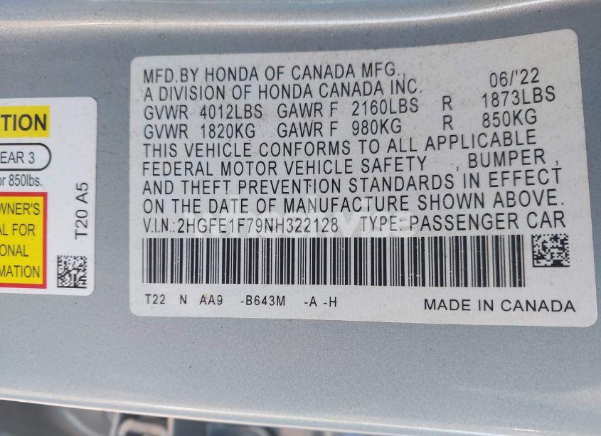 Photo 9 of 2022 Honda Civic EX (VIN 2HGFE1F79NH322128)