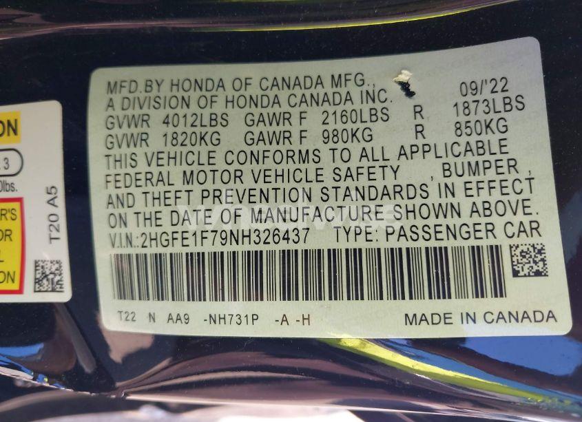 Photo 9 of 2022 Honda Civic EX (VIN 2HGFE1F79NH326437)