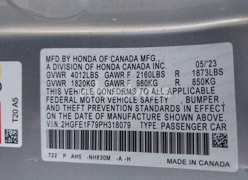 Photo 9 of 2023 Honda Civic EX /EX W/O BSI (VIN 2HGFE1F79PH318079)