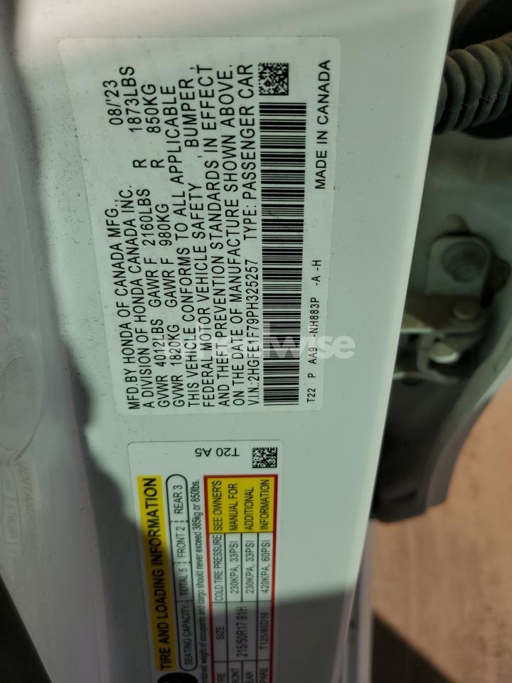 Photo 12 of 2023 HONDA CIVIC EX (VIN 2HGFE1F79PH325257)