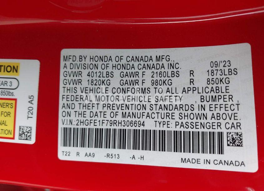 Photo 9 of 2024 Honda Civic EX (VIN 2HGFE1F79RH306694)