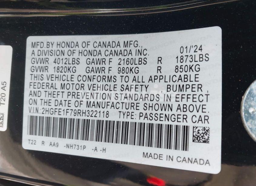 Photo 9 of 2024 Honda Civic EX (VIN 2HGFE1F79RH322118)