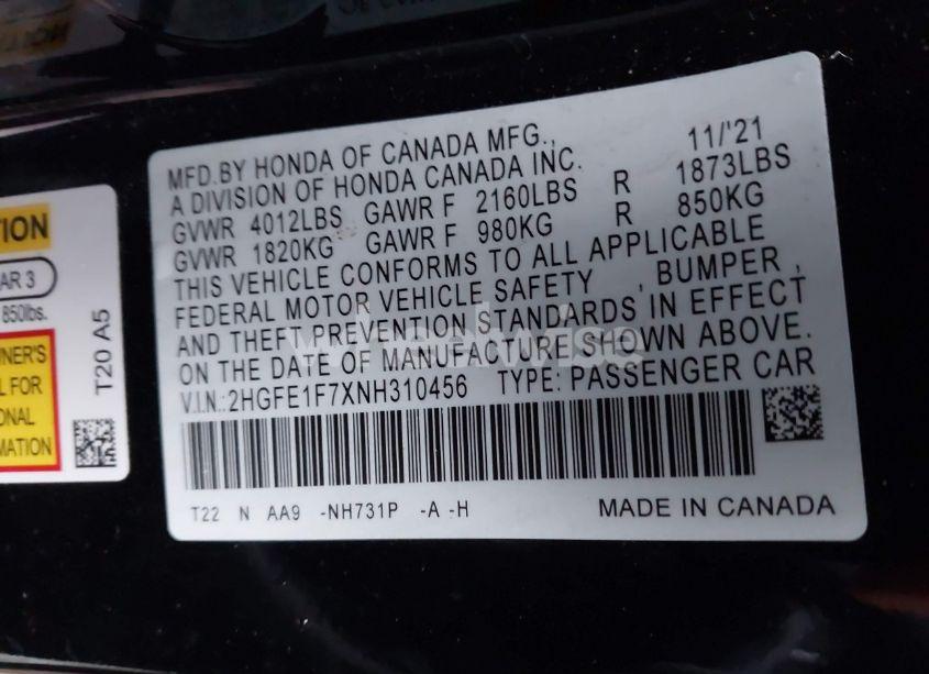 Photo 9 of 2022 Honda Civic EX (VIN 2HGFE1F7XNH310456)