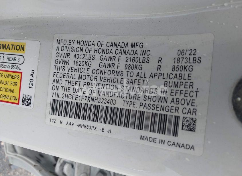 Photo 9 of 2022 Honda Civic EX (VIN 2HGFE1F7XNH323403)