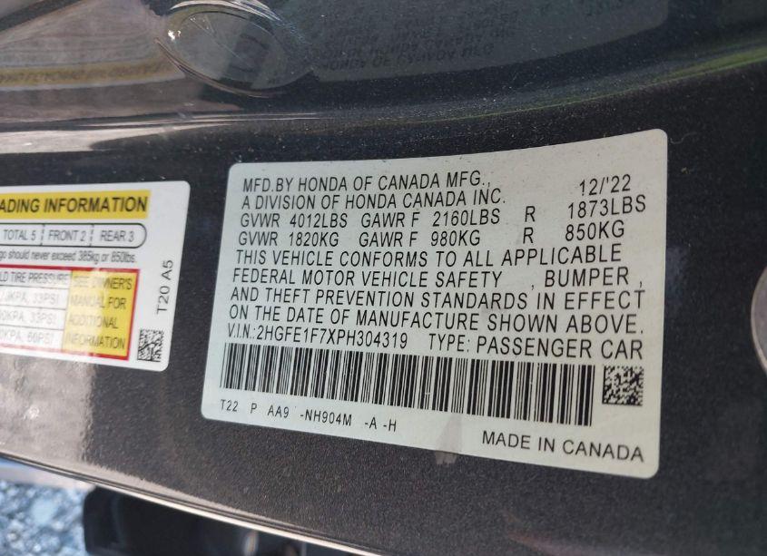 Photo 9 of 2023 Honda Civic EX /EX W/O BSI (VIN 2HGFE1F7XPH304319)