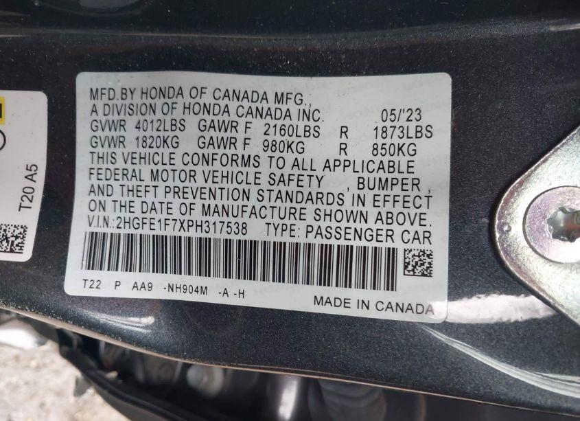 Photo 9 of 2023 Honda Civic EX /EX W/O BSI (VIN 2HGFE1F7XPH317538)