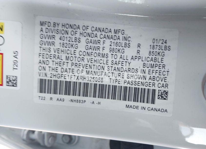 Photo 9 of 2024 Honda Civic EX (VIN 2HGFE1F7XRH325058)