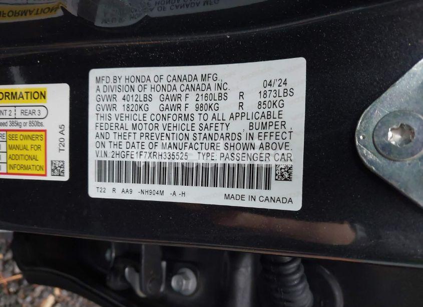 Photo 9 of 2024 Honda Civic EX (VIN 2HGFE1F7XRH335525)