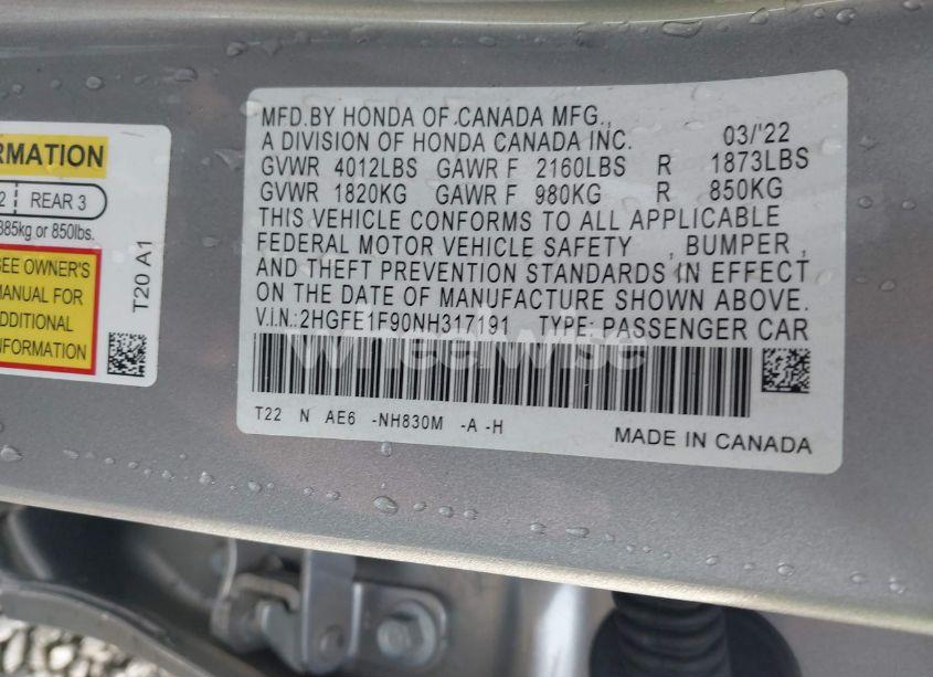 Photo 9 of 2022 Honda Civic TOURING (VIN 2HGFE1F90NH317191)