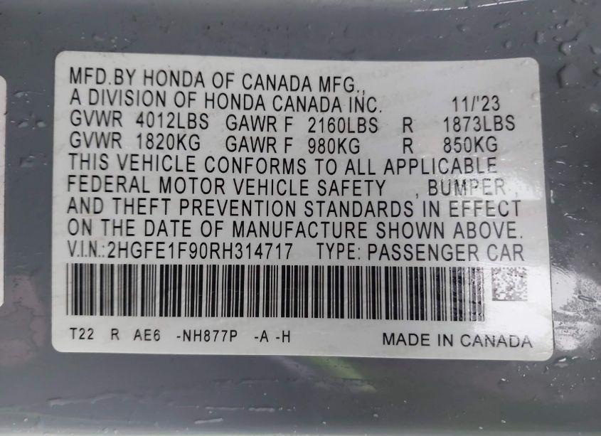 Photo 9 of 2024 Honda Civic TOURING (VIN 2HGFE1F90RH314717)