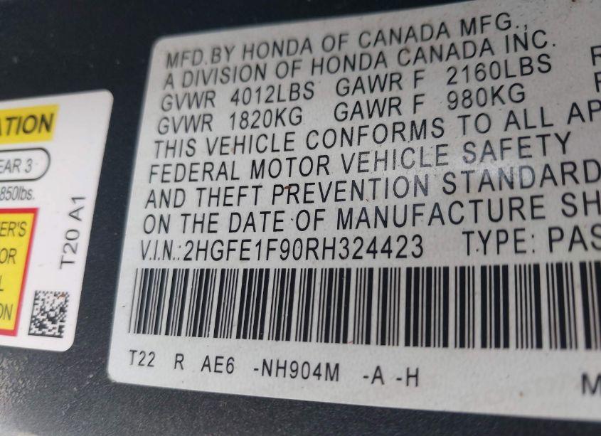 Photo 9 of 2024 Honda Civic TOURING (VIN 2HGFE1F90RH324423)