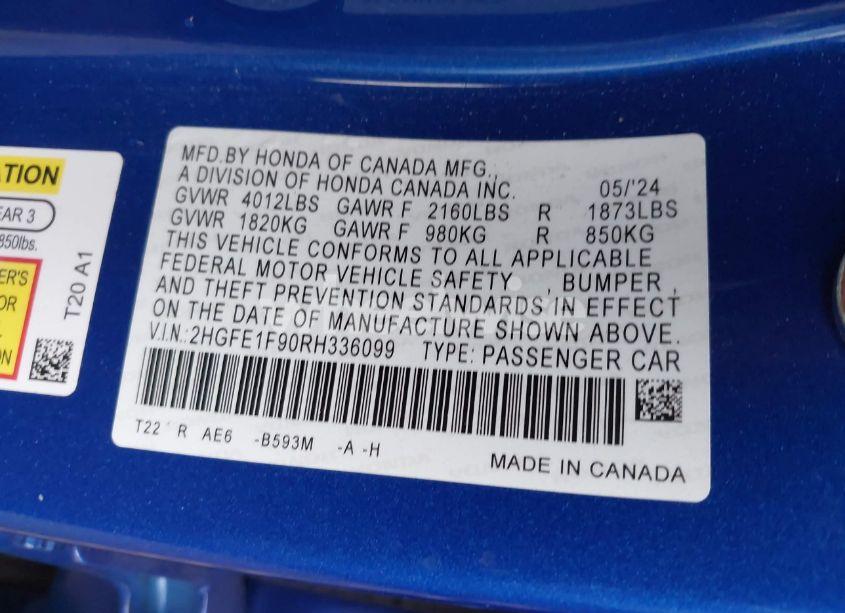 Photo 9 of 2024 Honda Civic TOURING (VIN 2HGFE1F90RH336099)