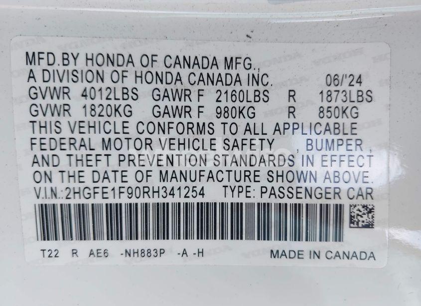 Photo 9 of 2024 Honda Civic TOURING (VIN 2HGFE1F90RH341254)