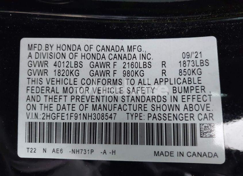 Photo 9 of 2022 Honda Civic TOURING (VIN 2HGFE1F91NH308547)