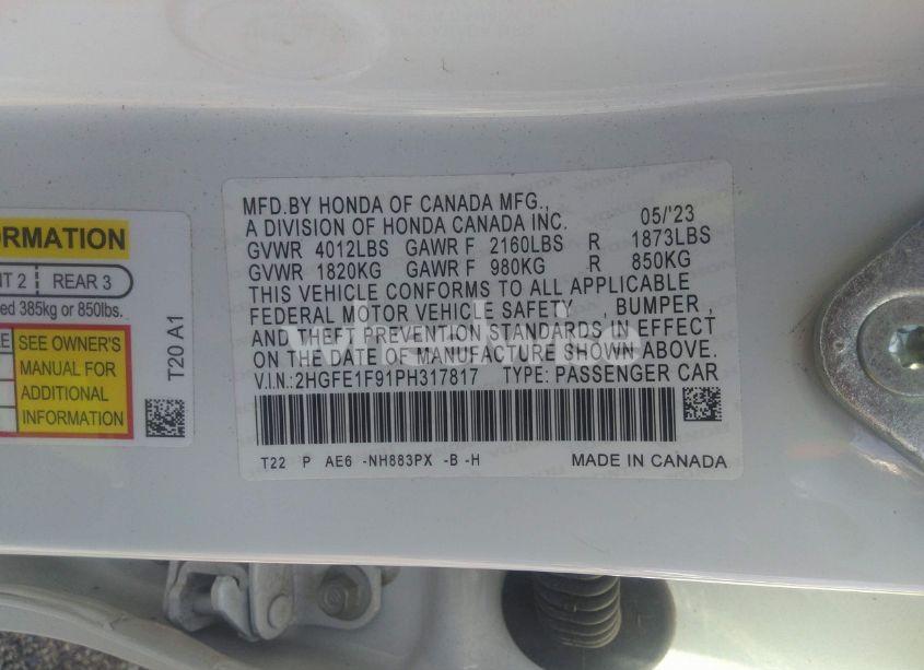 Photo 9 of 2023 Honda Civic TOURING (VIN 2HGFE1F91PH317817)