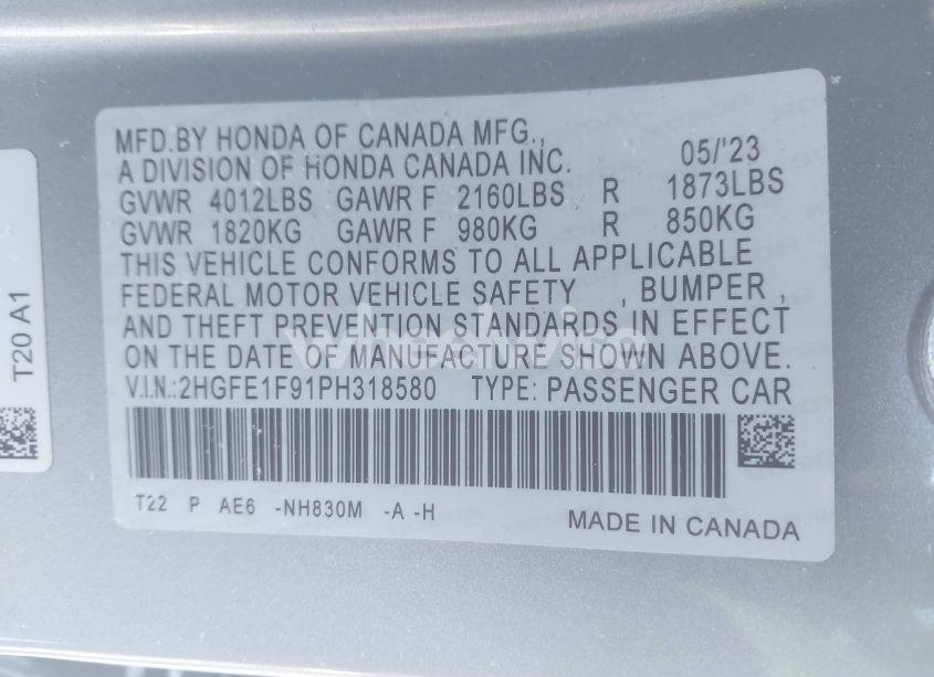 Photo 9 of 2023 Honda Civic TOURING (VIN 2HGFE1F91PH318580)