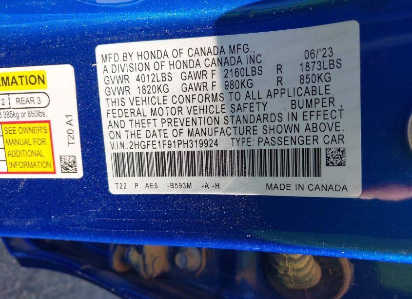 Photo 9 of 2023 Honda Civic TOURING (VIN 2HGFE1F91PH319924)