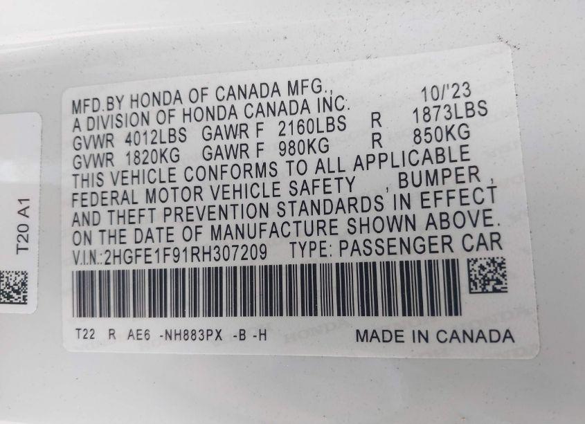 Photo 9 of 2024 Honda Civic TOURING (VIN 2HGFE1F91RH307209)