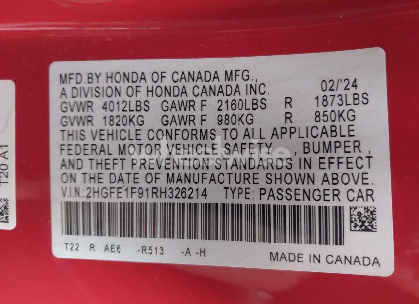 Photo 9 of 2024 Honda Civic TOURING (VIN 2HGFE1F91RH326214)