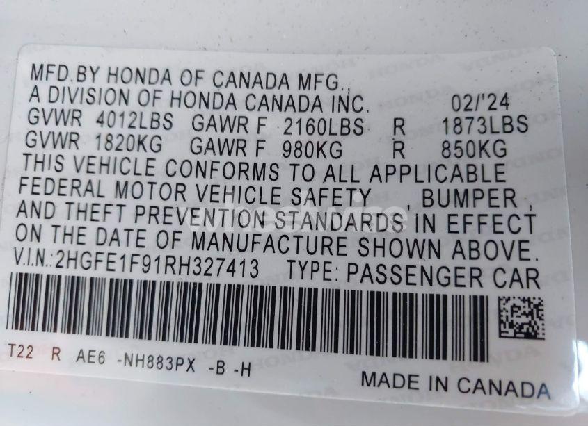 Photo 9 of 2024 Honda Civic TOURING (VIN 2HGFE1F91RH327413)