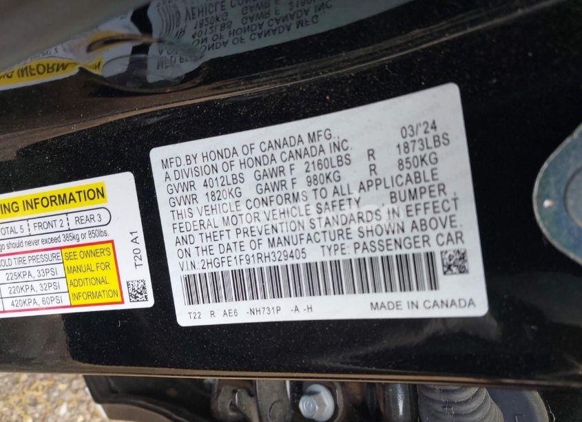 Photo 9 of 2024 Honda Civic TOURING (VIN 2HGFE1F91RH329405)