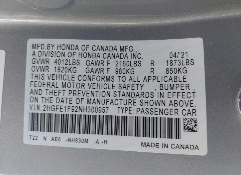 Photo 9 of 2022 Honda Civic TOURING (VIN 2HGFE1F92NH300957)