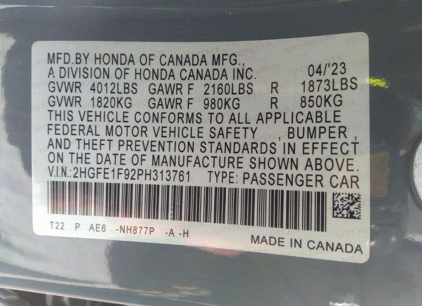 Photo 9 of 2023 Honda Civic TOURING (VIN 2HGFE1F92PH313761)