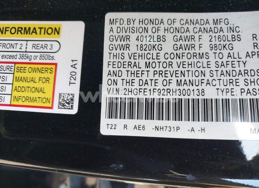 Photo 9 of 2024 Honda Civic TOURING (VIN 2HGFE1F92RH300138)