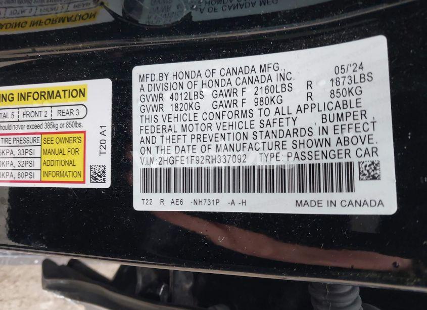 Photo 9 of 2024 Honda Civic TOURING (VIN 2HGFE1F92RH337092)