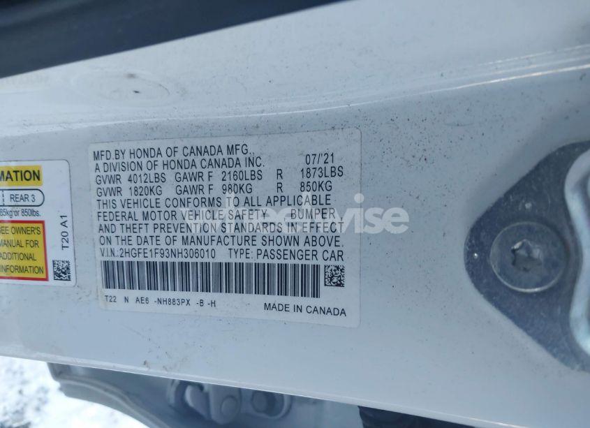 Photo 9 of 2022 Honda Civic TOURING (VIN 2HGFE1F93NH306010)