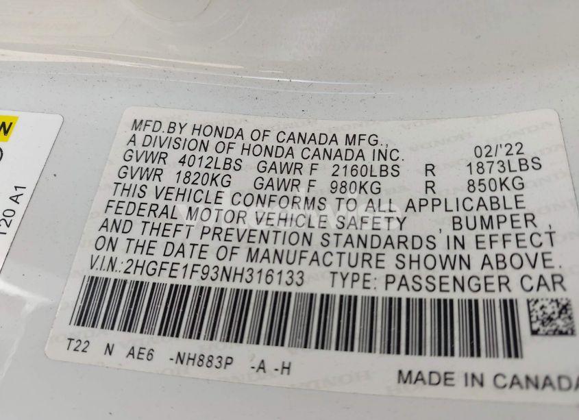 Photo 9 of 2022 Honda Civic TOURING (VIN 2HGFE1F93NH316133)