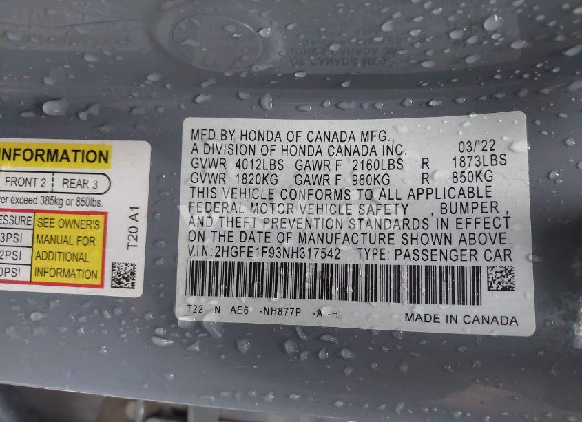 Photo 9 of 2022 Honda Civic TOURING (VIN 2HGFE1F93NH317542)