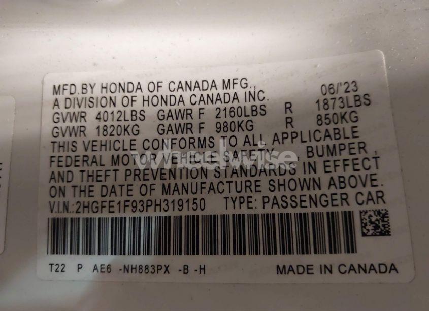 Photo 9 of 2023 Honda Civic TOURING (VIN 2HGFE1F93PH319150)