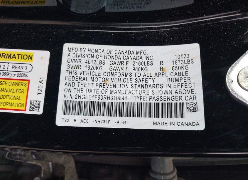 Photo 9 of 2024 Honda Civic TOURING (VIN 2HGFE1F93RH310841)