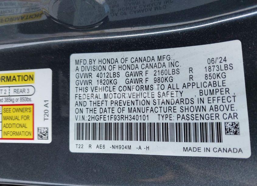 Photo 9 of 2024 Honda Civic TOURING (VIN 2HGFE1F93RH340101)