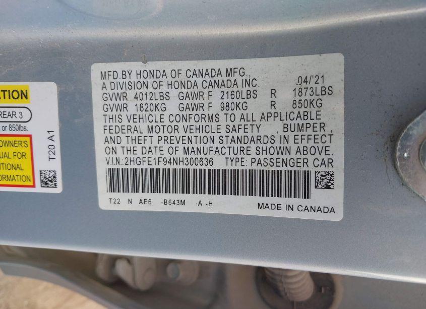 Photo 9 of 2022 Honda Civic TOURING (VIN 2HGFE1F94NH300636)