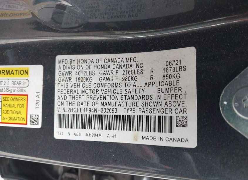 Photo 9 of 2022 Honda Civic TOURING (VIN 2HGFE1F94NH302693)