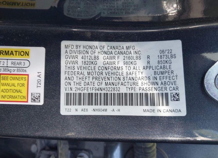 Photo 9 of 2022 Honda Civic TOURING (VIN 2HGFE1F94NH322832)