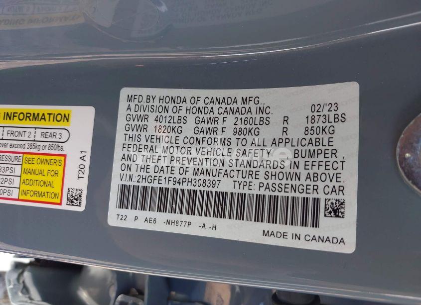 Photo 9 of 2023 Honda Civic TOURING (VIN 2HGFE1F94PH308397)
