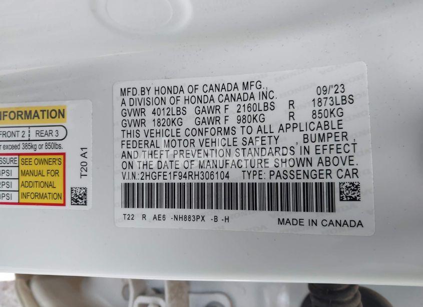 Photo 9 of 2024 Honda Civic TOURING (VIN 2HGFE1F94RH306104)