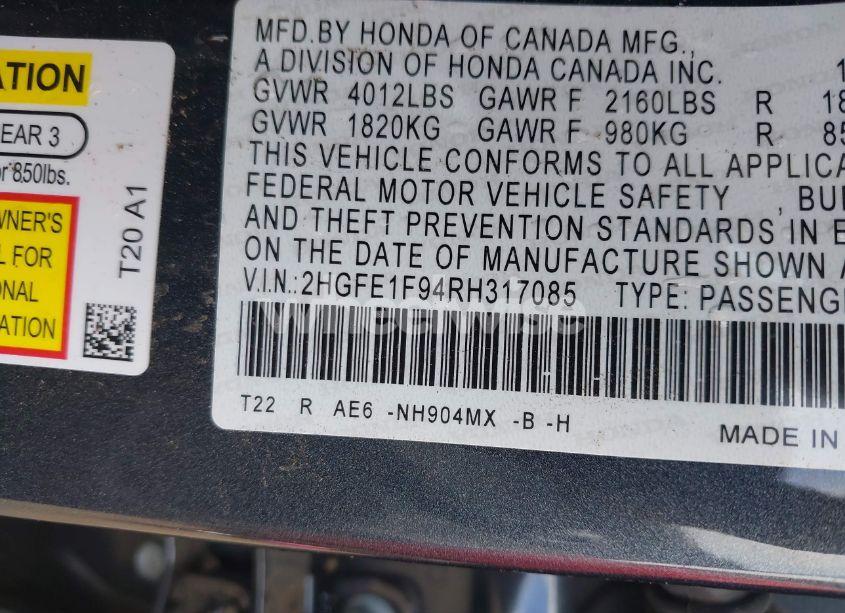 Photo 9 of 2024 Honda Civic TOURING (VIN 2HGFE1F94RH317085)